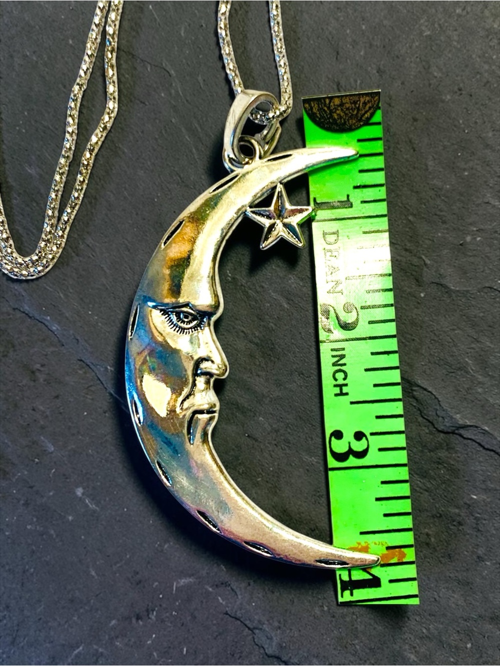 Silver Moon Face & Star Pendant Necklace - popcorn chain. handmade - Picture 3 of 3